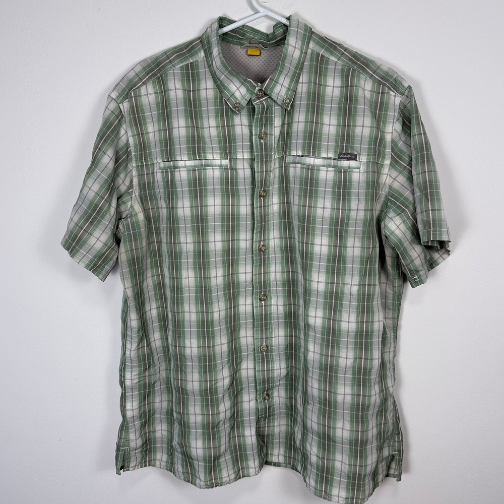 Eddie Bauer Mens XL Green Plaid Short Sleeve Hiking Fishing Shirt Ventilated